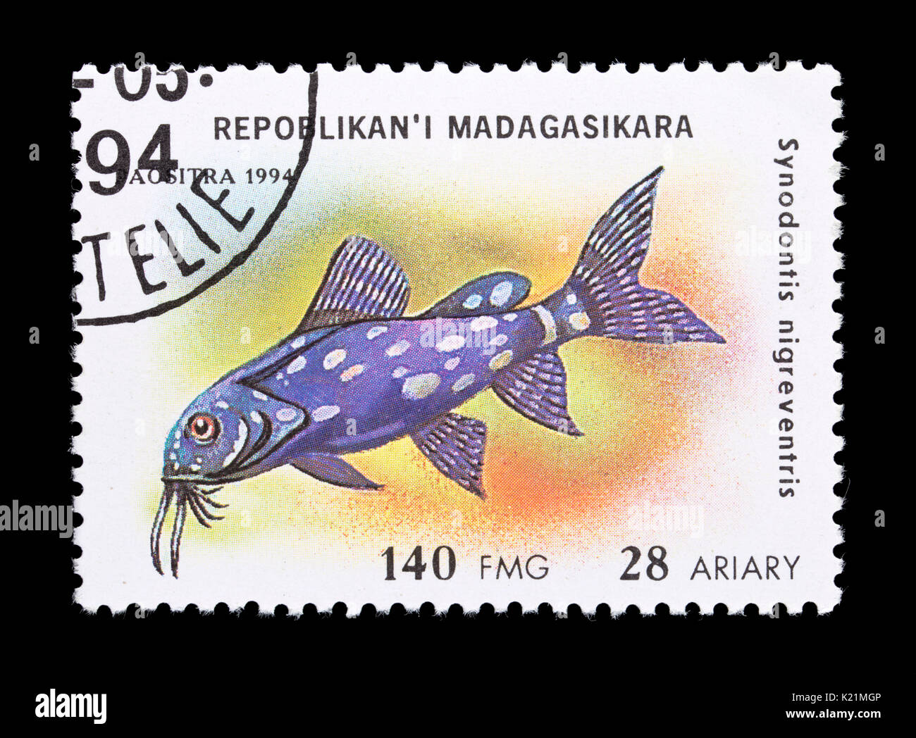 Postage stamp from Madagascar depicting  blotched upside-down catfish (Synodontis nigriventris) Stock Photo