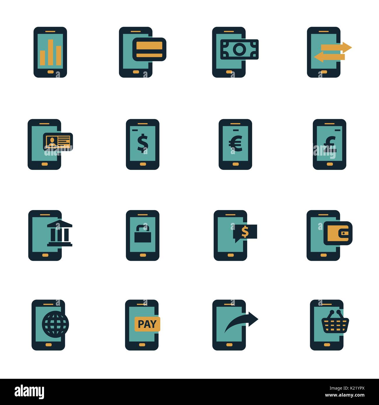 Vector flat mobile banking icons set on white background Stock Vector