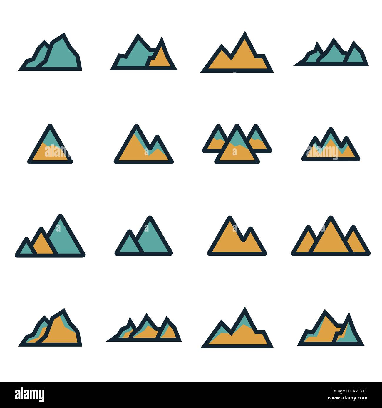 Vector flat mountains icons set on white background Stock Vector