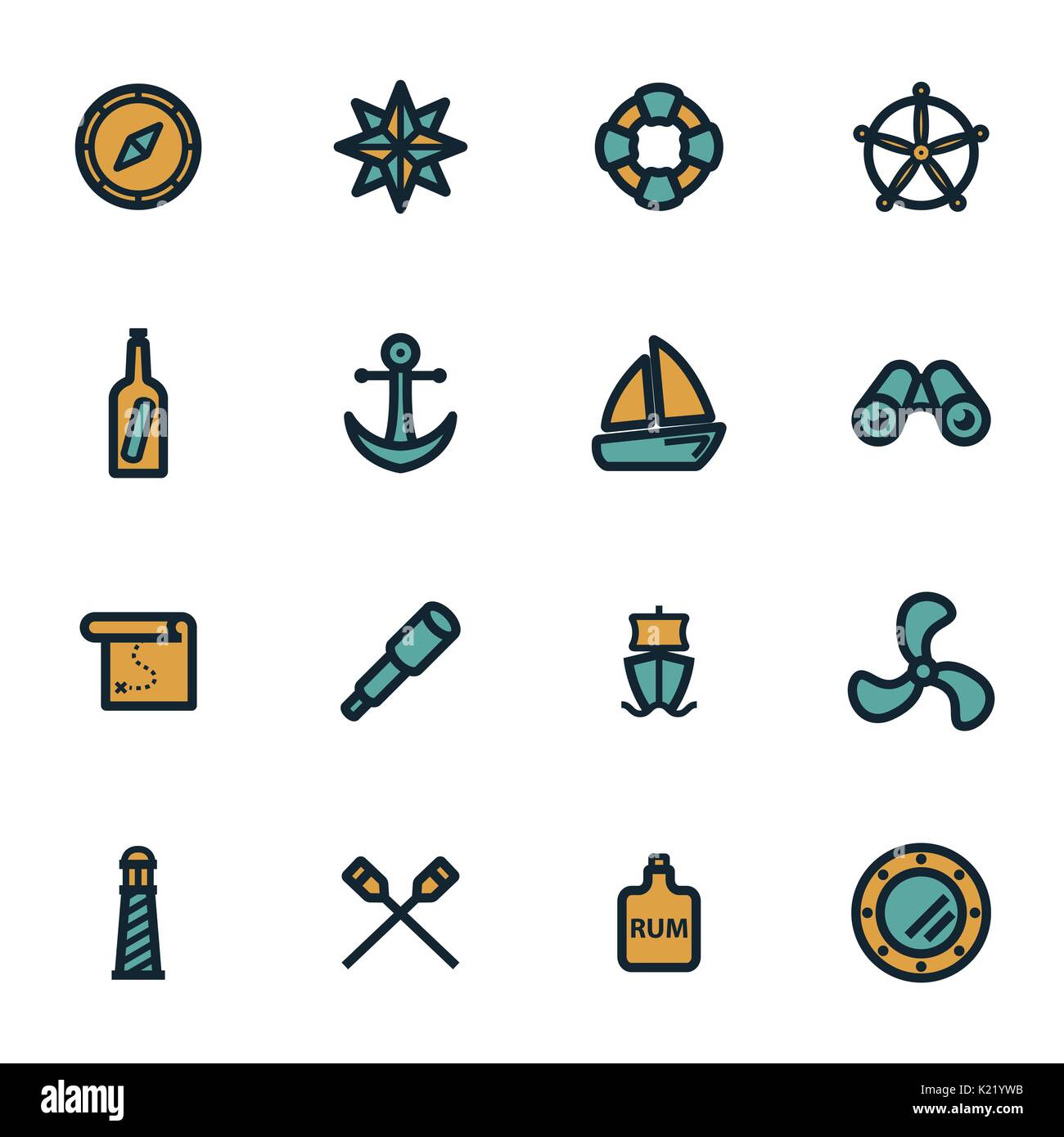 Vector flat nautical icons set on white background Stock Vector
