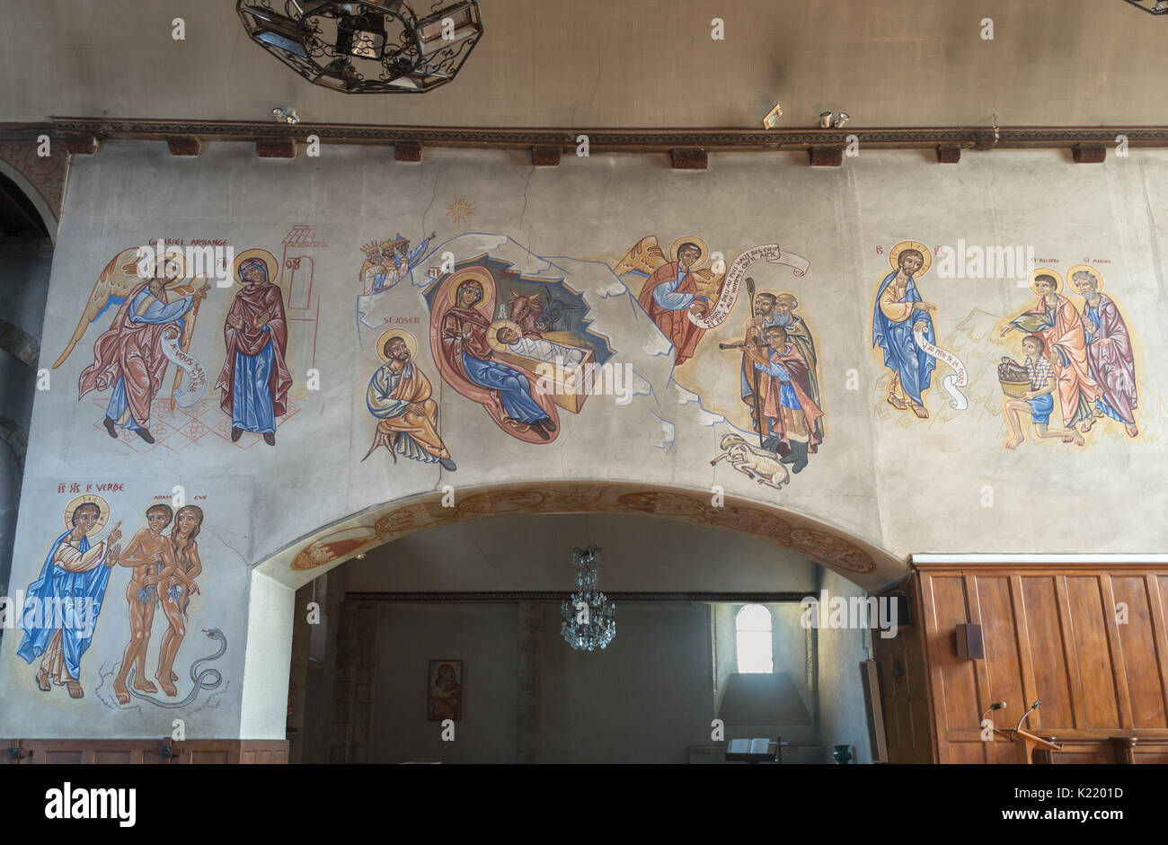 20th century frescoe within the church of Saint-Sauveur, Rochechouart, Nouvelle-Aquitaine, France,Europe Stock Photo