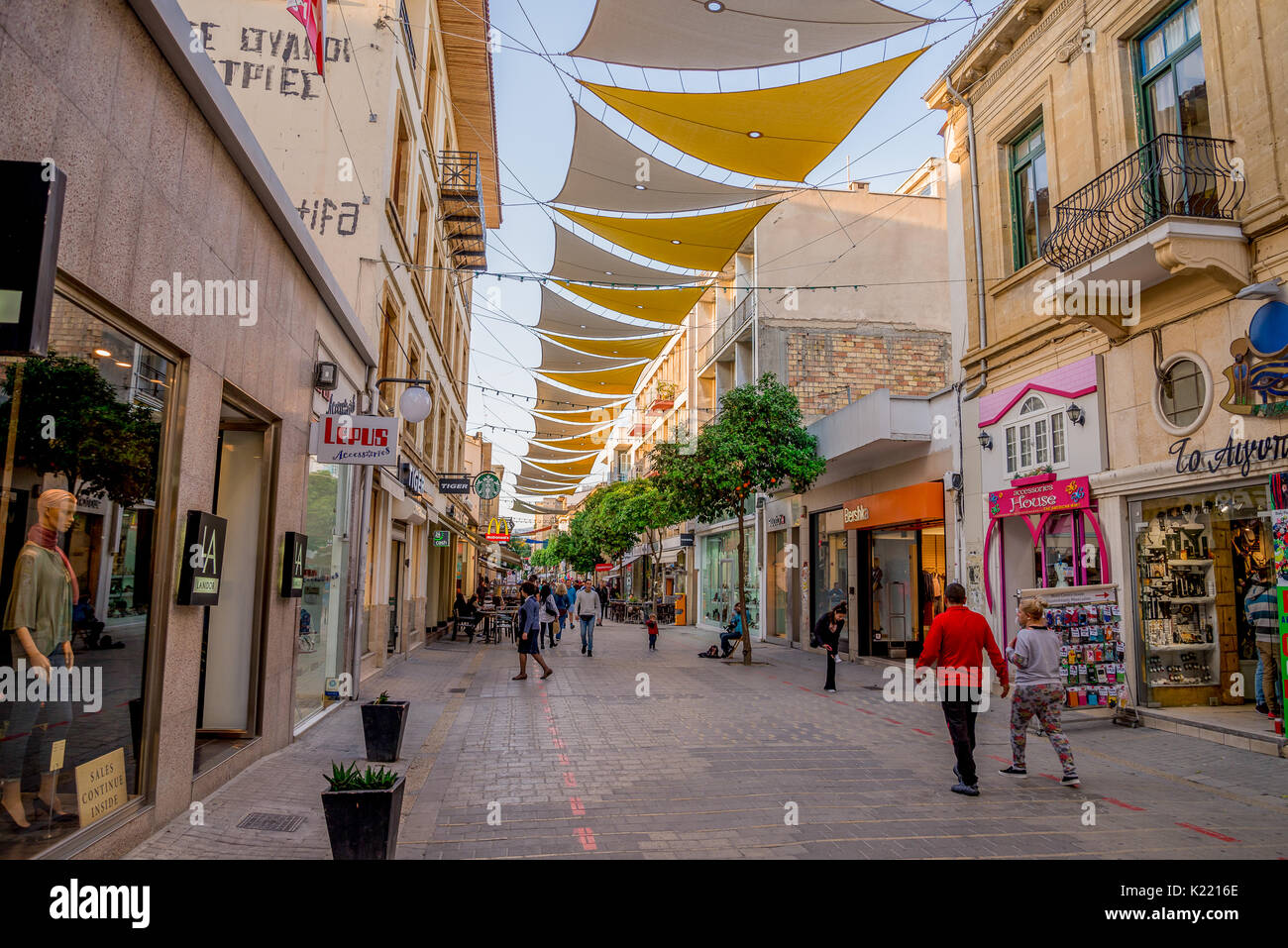 Shaded Ledras walking street with shops in Nicosia city centre Stock