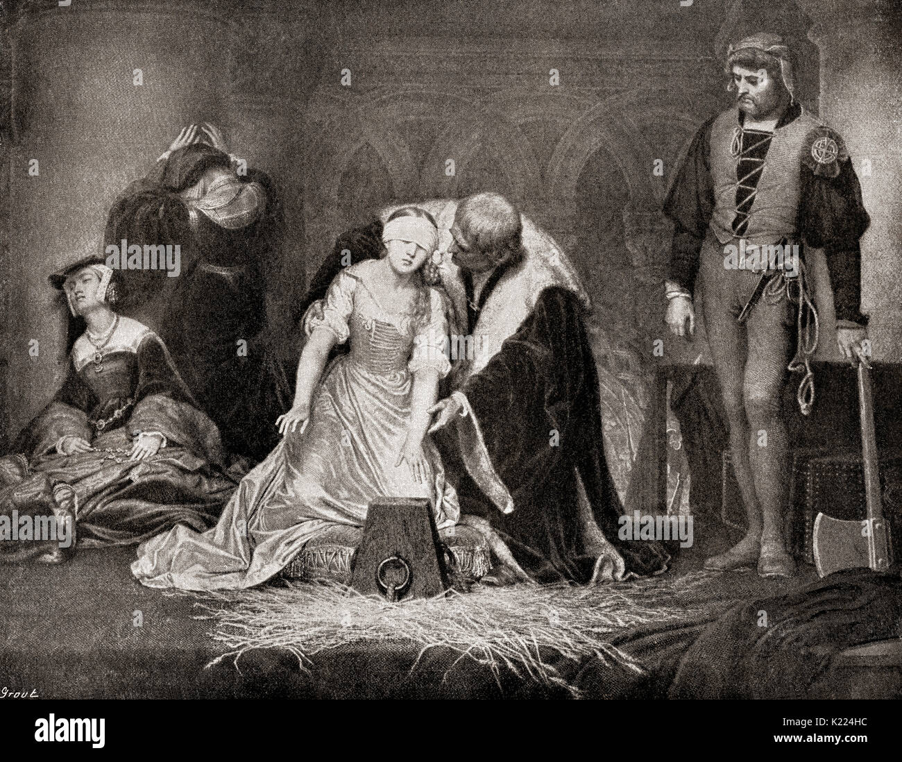 The execution of Lady Jane Grey, 1554.  Lady Jane Grey c. 1537 -1554, aka Lady Jane Dudley or the Nine Days Queen.  English noblewoman and de facto Queen of England and Ireland.  From International Library of Famous Literature, published c.1900 Stock Photo