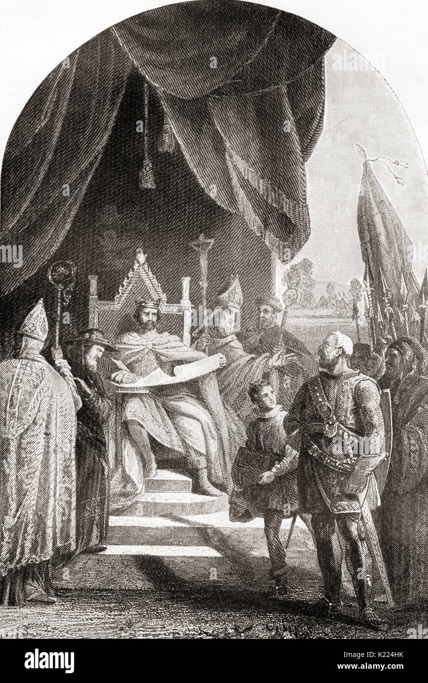The signing of the Magna Carta Libertatum commonly called Magna Carta or Magna Charta by King John of England at Runnymede, near Windsor, on 15 June 1215.  John, 1166 –  1216, aka John Lackland, King of England.  From International Library of Famous Literature, published c.1900 Stock Photo