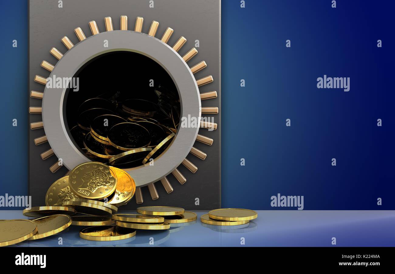 3d illustration of metal box with coins over blue background Stock Photo