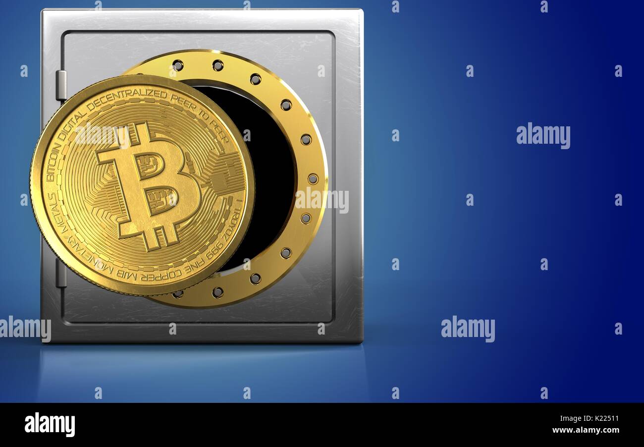 3d illustration of metal safe with bitcoin over blue background Stock ...