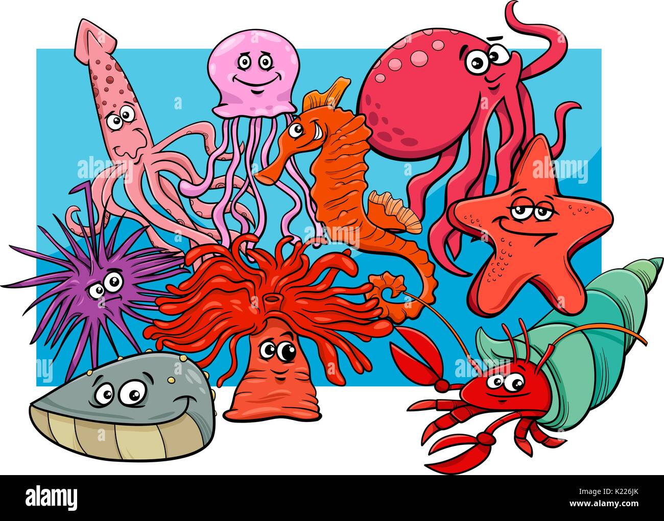 Cartoon Illustrations of Sea Life Animal Characters Group Stock Vector