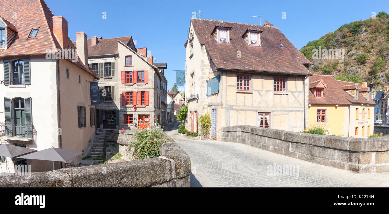 Panorama of the colorful medieval Weavers Quarers and Pont de la Terrade, Aubusson ,Creuse, Nouvelle-Aquitaine, France. The workers in the 550 year ol Stock Photo