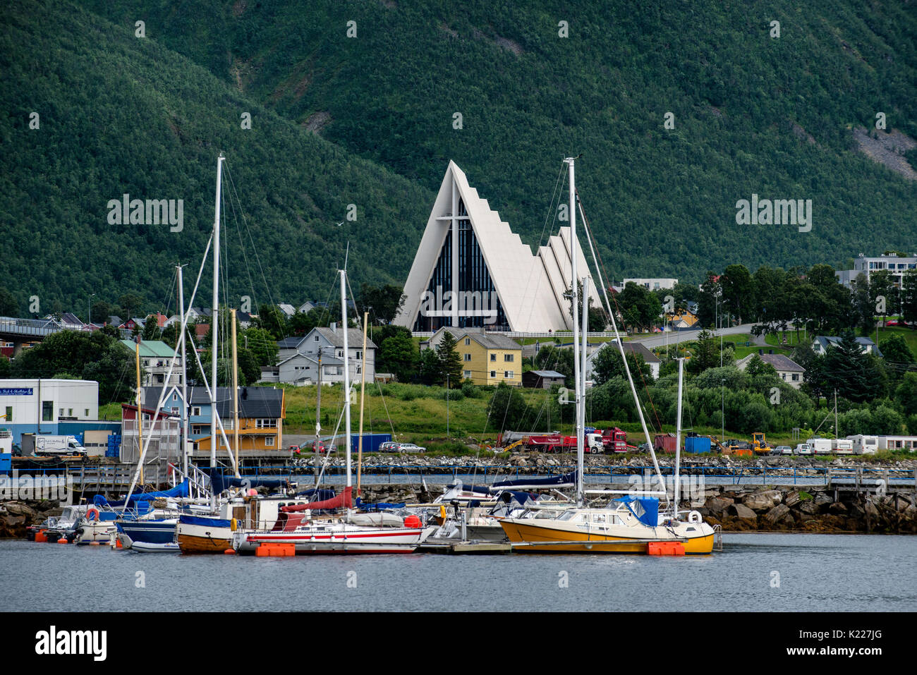 Tromsdalen Church, also known as Ishavskatedralen (The Arctic Cathedral) in Tromso, northern Norway. Stock Photo