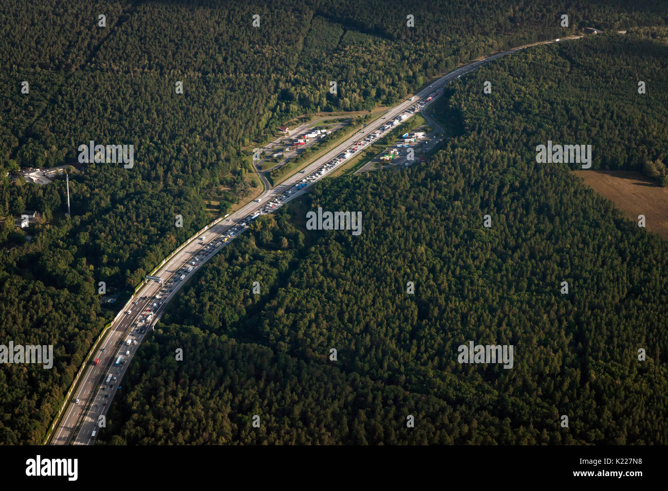 Air pictures taken from a Cessna 172 from the traffic situation on the A2 motorway near Berlin. Stock Photo