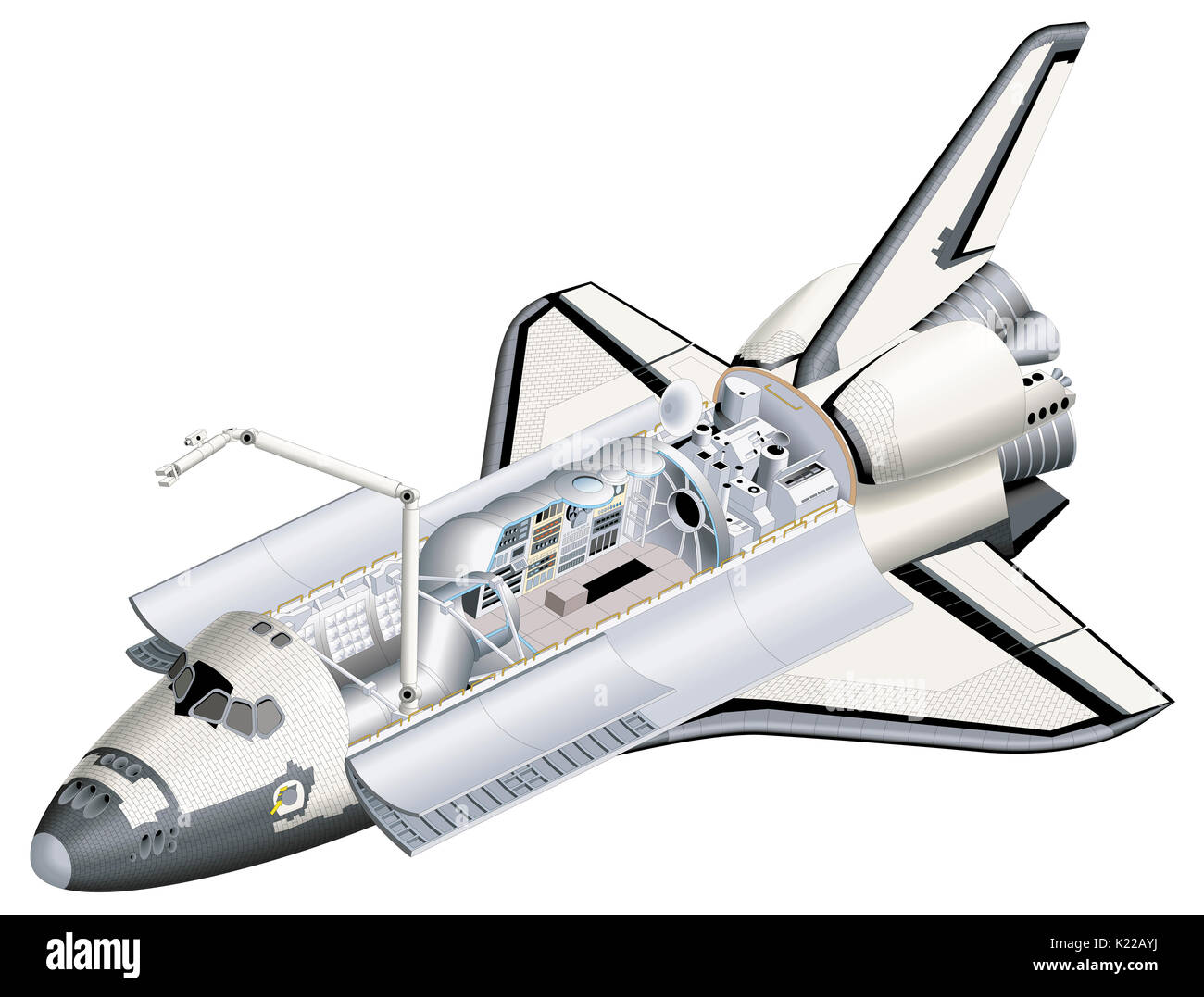 The only part of the shuttle to fly in orbit; can transport 13 tons of material and five to seven astronauts. Stock Photo
