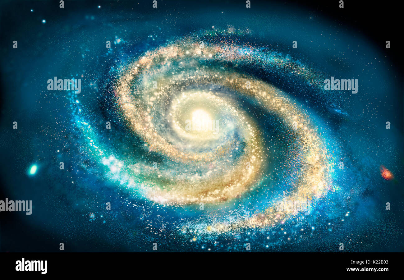 From above, the Milky Way appears as a spiral that rotates on itself around a nucleus. Stock Photo