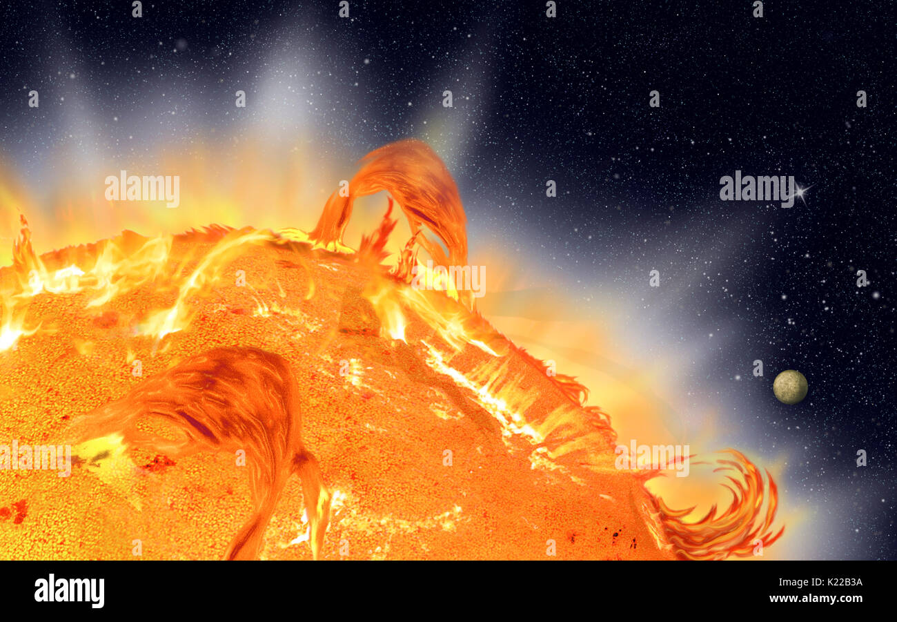Gas that erupts from the chromosphere and solar corona, contrasting with the darkness of space. Stock Photo