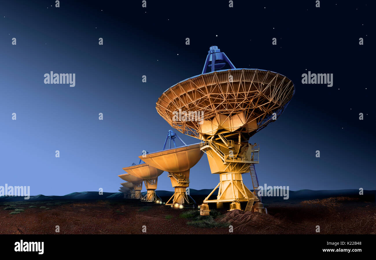Type of adjustable radio telescope in the shape of a saucer; its power depends on its diameter. Stock Photo