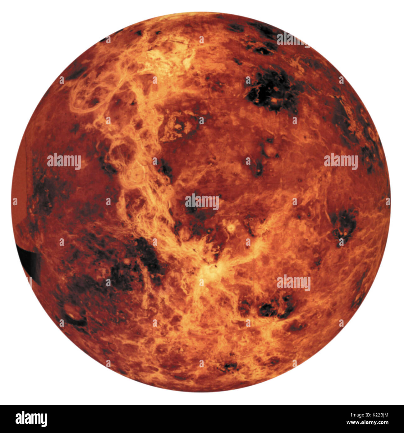 Venus has long been considered the planet with the most features in common with Earth. It is almost the same size, its orbit is about the same distance from the Sun, it has a thick atmosphere, and it has the same density and chemical composition. Stock Photo