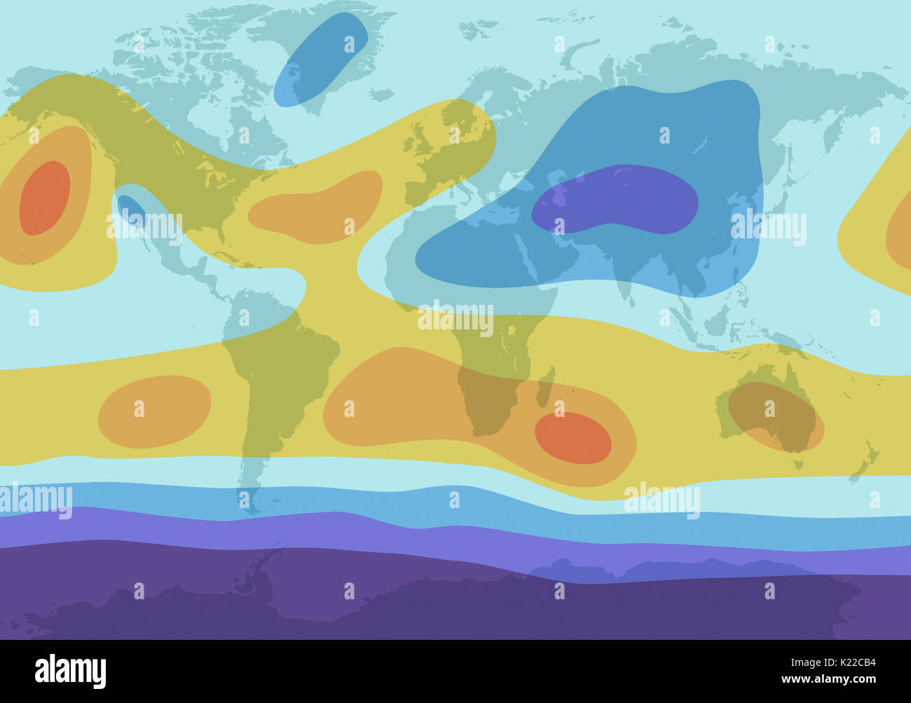 In July, the heat that reigns in Asia maintains a huge low-pressure zone that extends as far as Africa. The oceans in the Northern Hemisphere are under high-pressure zones.(the Azores and Pacific anticyclones), but the subpolar depressions have almost disappeared. In the Southern Hemisphere, a broad anticyclonic belt settles over all the tropical regions, both continental and oceanic. The low- pressure zone that sits above the Antarctic coast varies little. Stock Photo