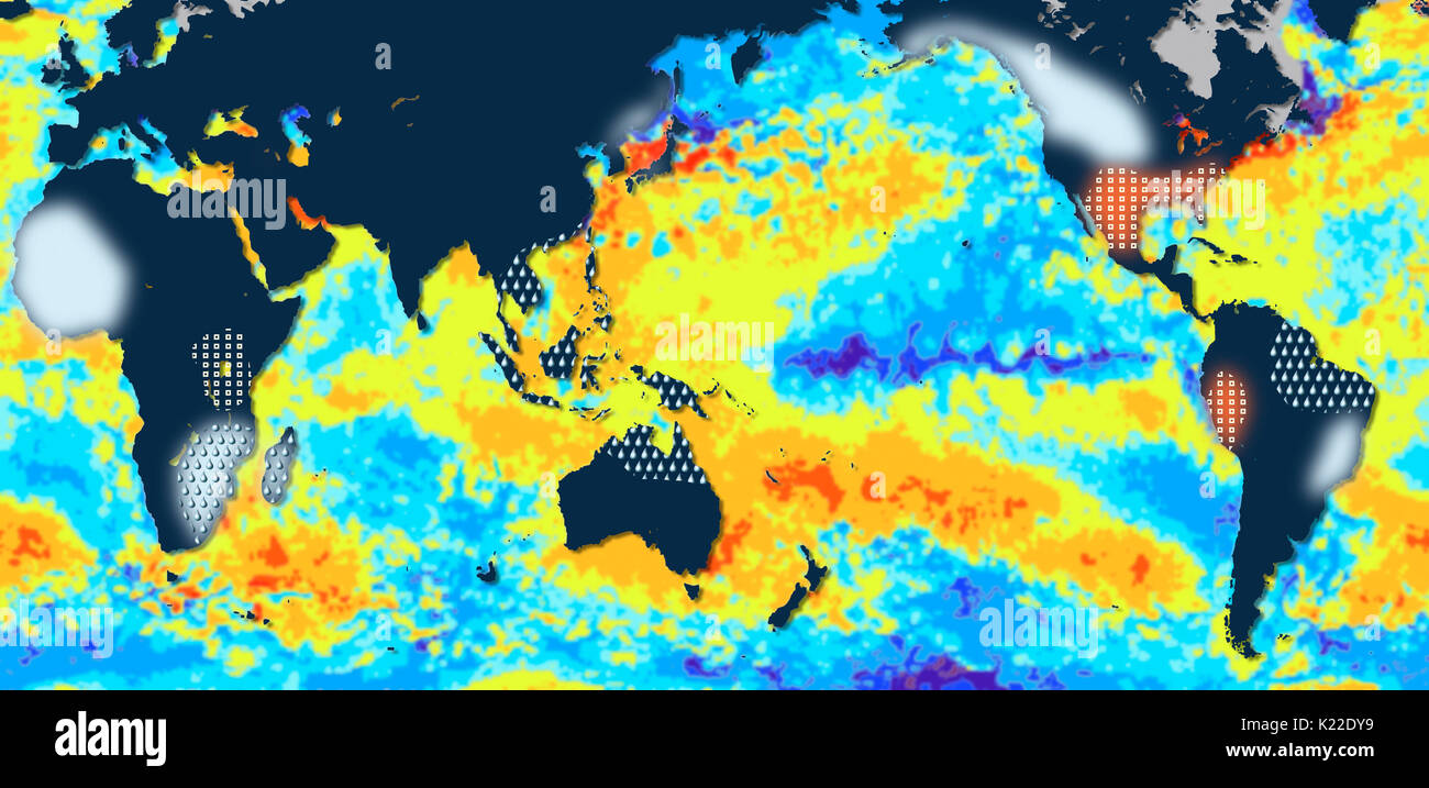 La Niña W brings a general cooling of the atmosphere, particularly in the Far East, western Africa, and western Canada. The southeastern United States, in contrast, gets much warmer and has more frequent hurricanes. The rain intensifies in the western Pacific, Amazonia, and southeast Africa, but becomes scarcer on the Pacific coast of South America. Stock Photo