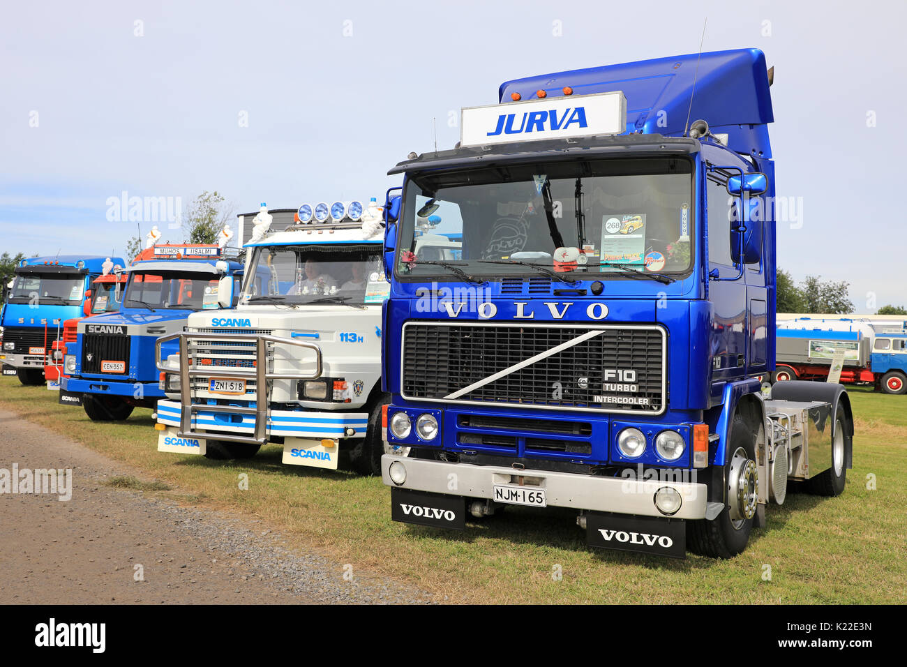 ALAHARMA, FINLAND - AUGUST 11, 2017: Blue Volvo F10 Intercooler truck year 1988 in a line up with nostalgic Scania and Sisu trucks on Power Truck Show Stock Photo