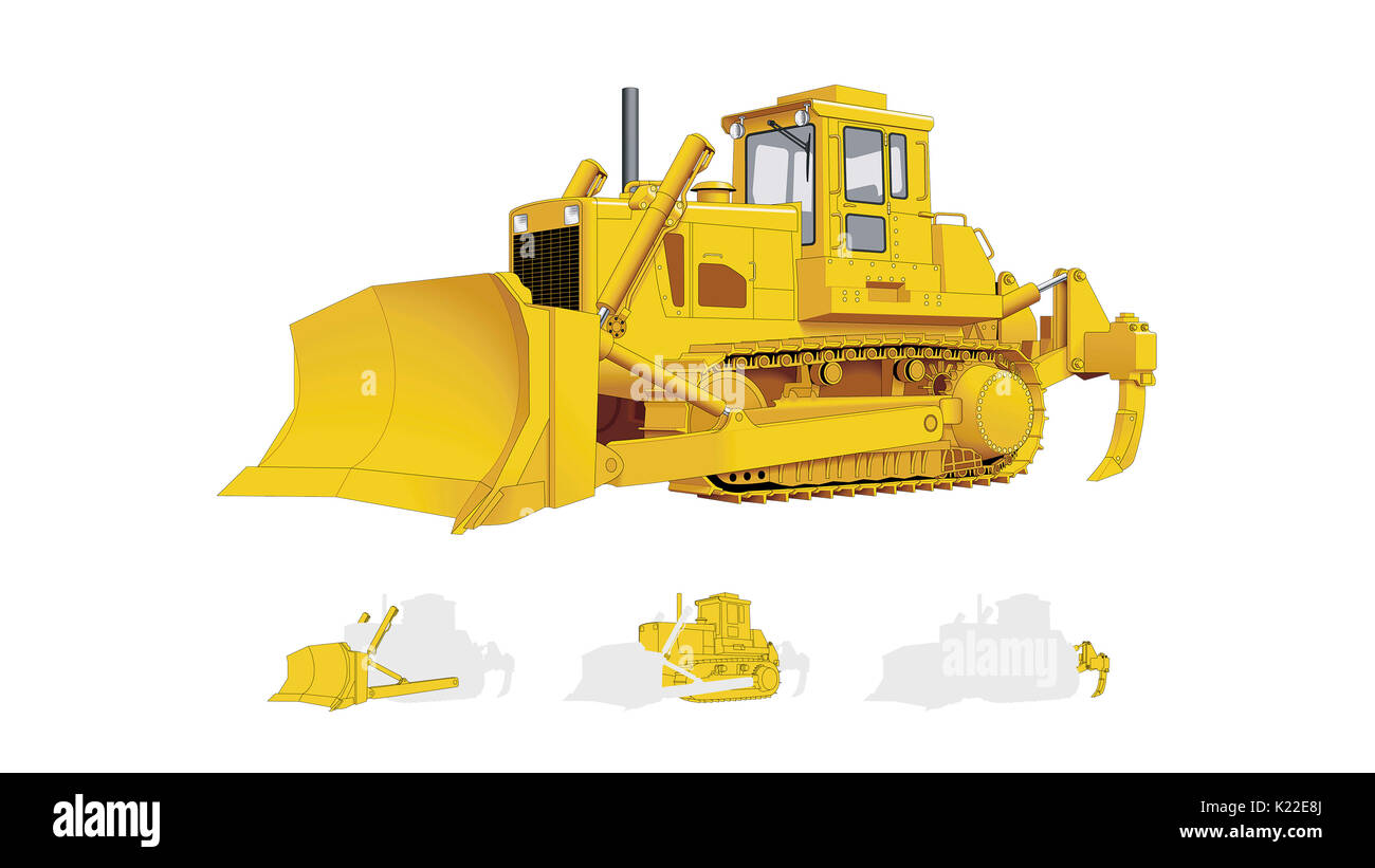 Excavation machine for pushing materials; it is made up of a crawler tractor, a blade and often a ripper. Stock Photo
