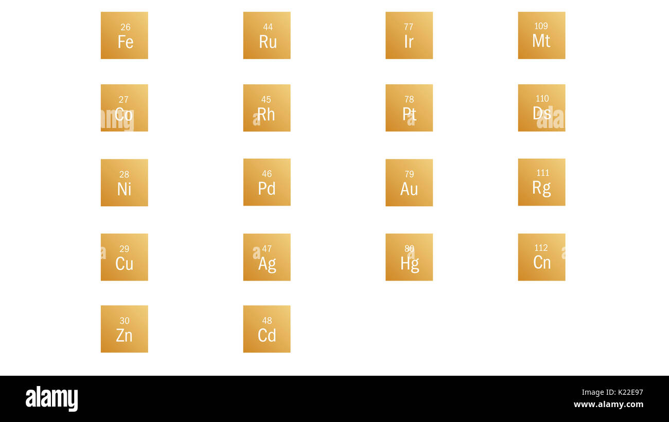 Usually less reactive than alkali metals and alkaline earth metals but very good electric and thermal conductors. Many of these metals form vital alloys. Stock Photo