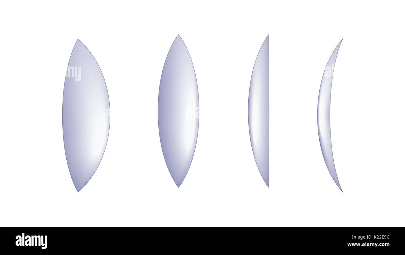 Thicker in the center than on the edges; they cause parallel light rays emanating from an object to converge onto the same point. Stock Photo