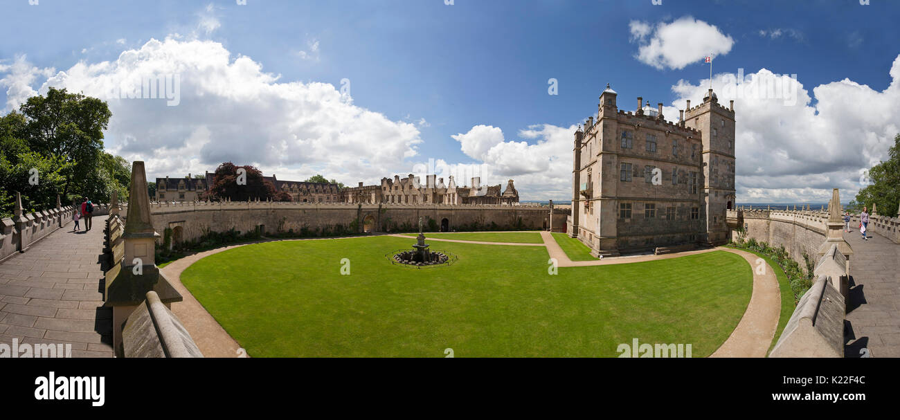 Panoramic view of Bolsover Castle, showing The Little Castle, Fountain Garden and Wall Walk. Stock Photo