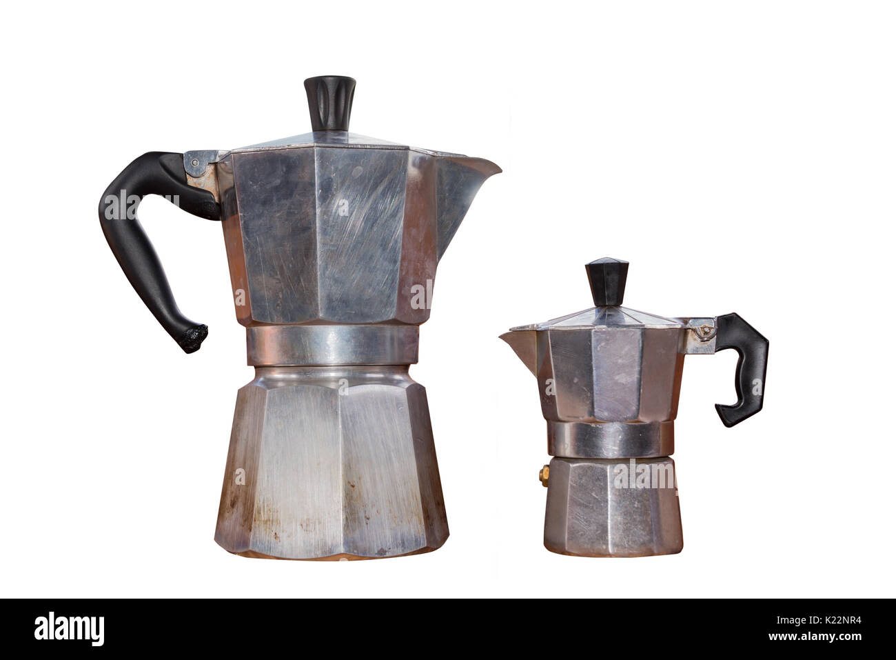 Small and large italian coffee makers isolated on white background