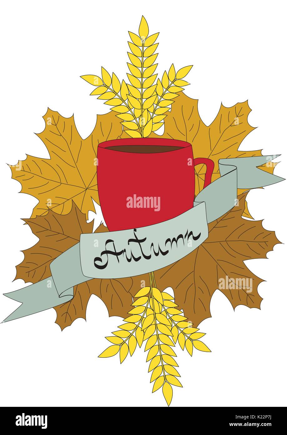 autumn leaves and tea composition on a light background Stock Vector