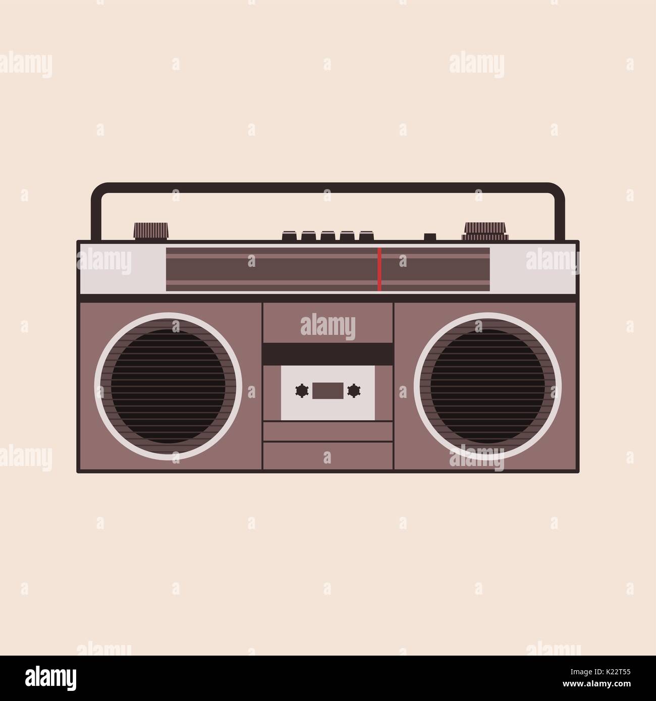 Cassette player on the beige background. Tape recorder. Boombox icon. 80's revival concept. Audio cassette player. Portable stereo radio. Vector Stock Vector