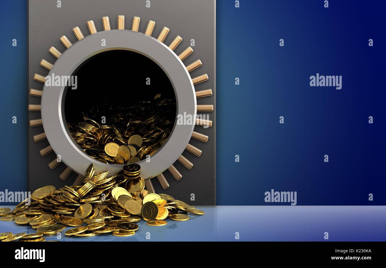 3d illustration of metal box with golden coins over blue background Stock Photo