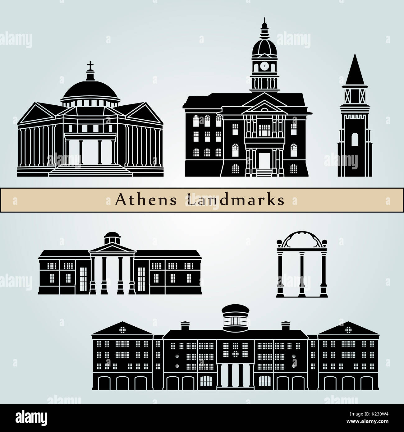 Athens landmarks and monuments isolated on blue background in editable vector file Stock Photo