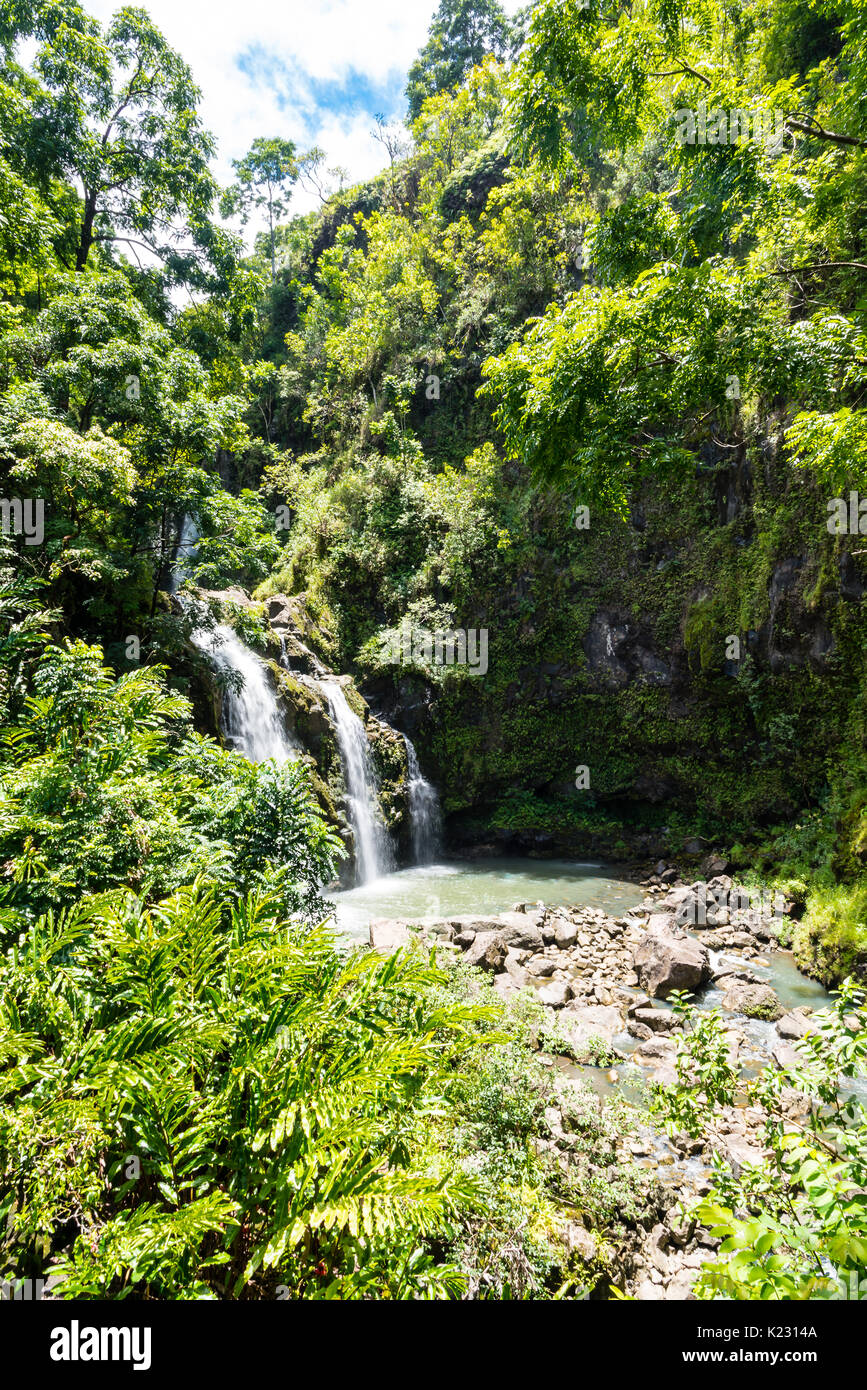 Upper Waikani falls (three bears) on Maui, Hawaii Stock Photo