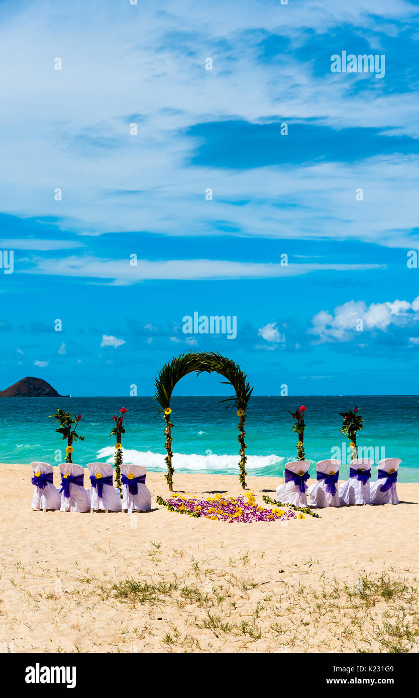 Wedding ceremony setup on a beach in Hawaii Stock Photo