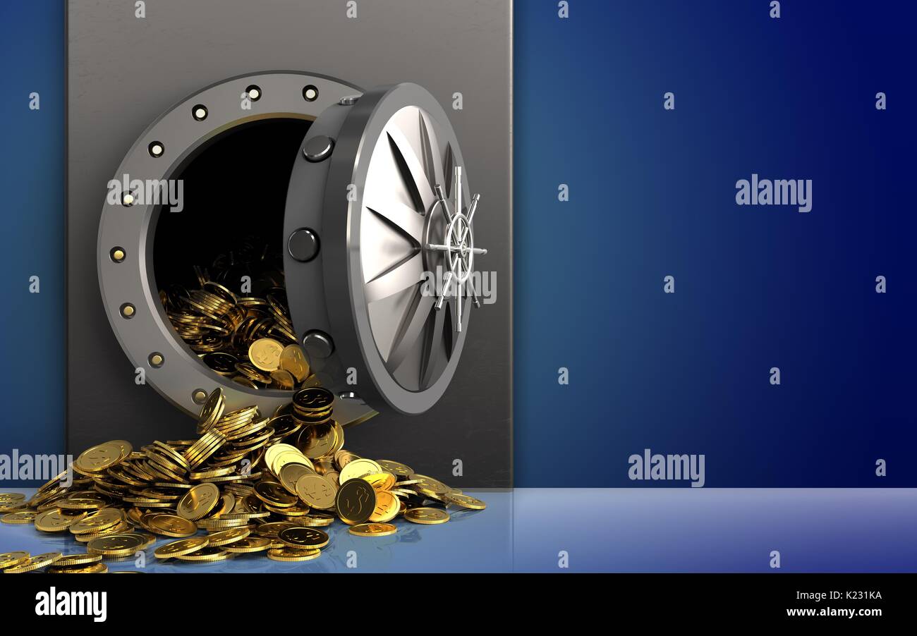 3d illustration of metal box with golden coins over blue background Stock Photo