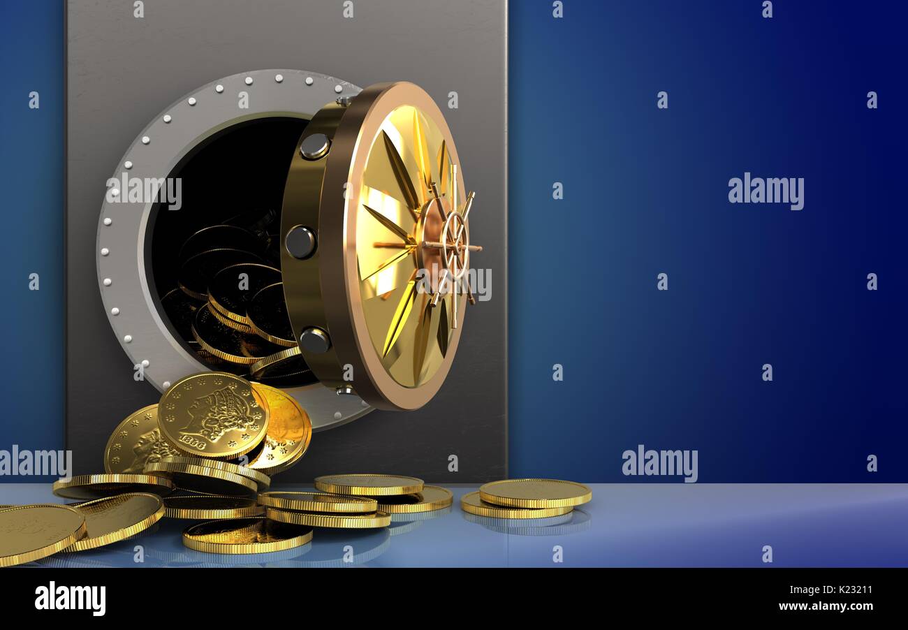 3d illustration of metal box with coins over blue background Stock Photo