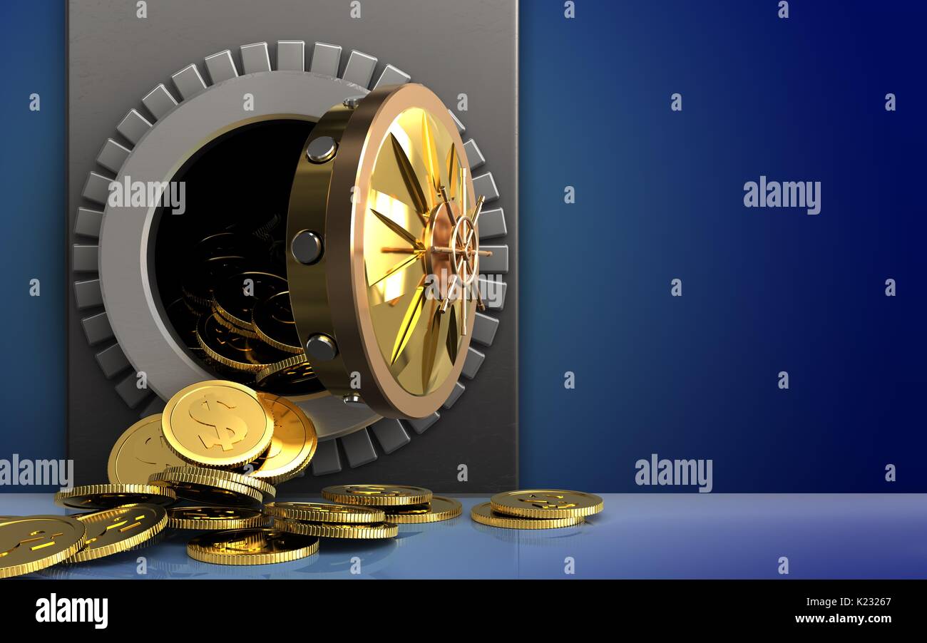 3d illustration of metal box with dollar coins over blue background Stock Photo