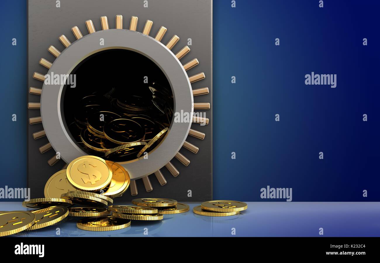 3d illustration of metal box with dollar coins over blue background Stock Photo