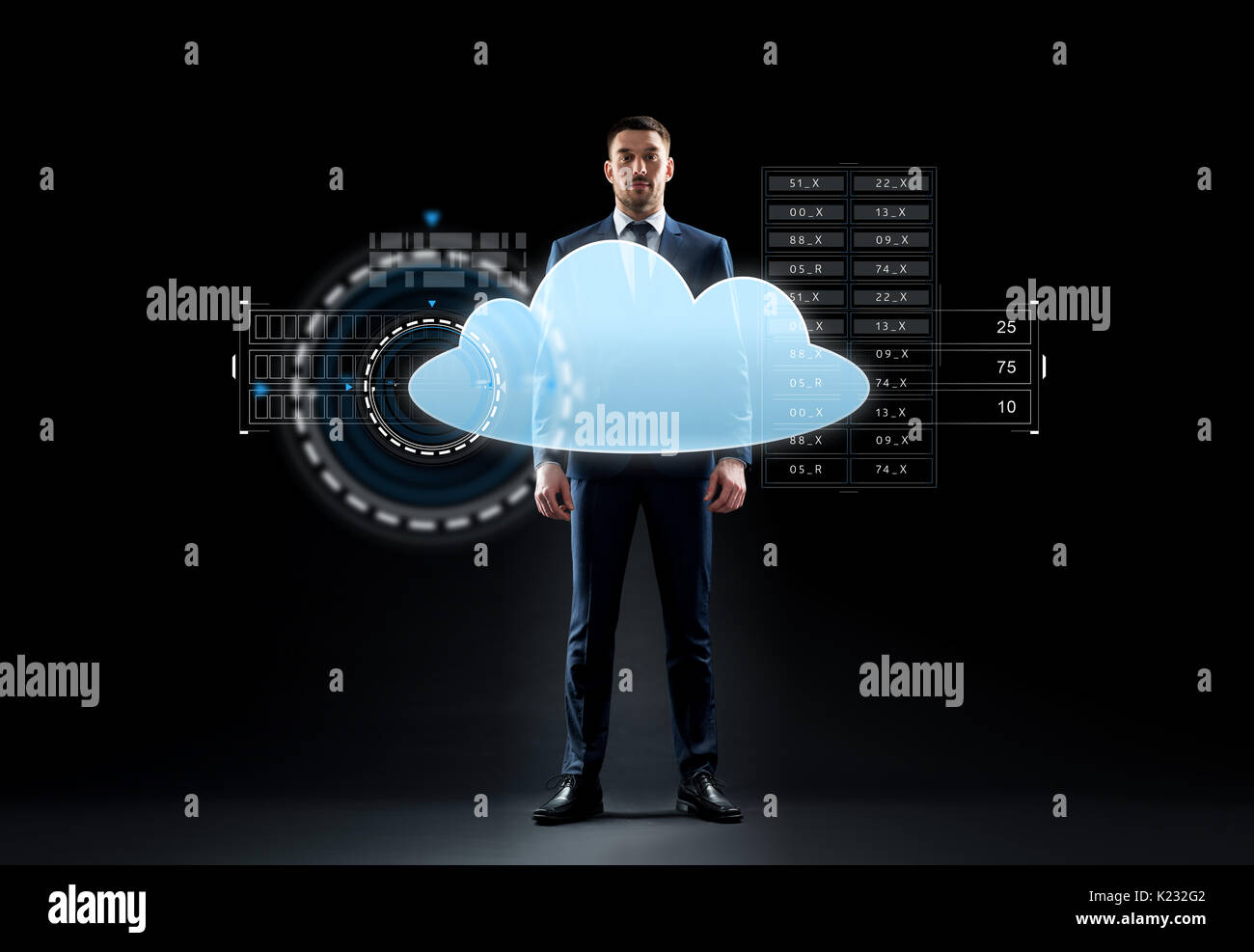 businessman in suit with virtual cloud hologram Stock Photo
