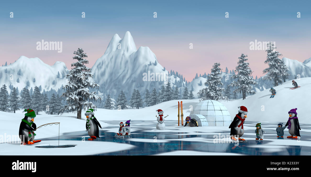Penguins on a frozen lake in a snowy mountain landscape. A 3d render. Stock Photo