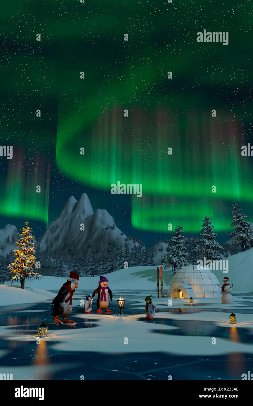 Penguins under the northern lights on a frozen lake in a snowy Christmas mountain landscape. A 3d render. Stock Photo