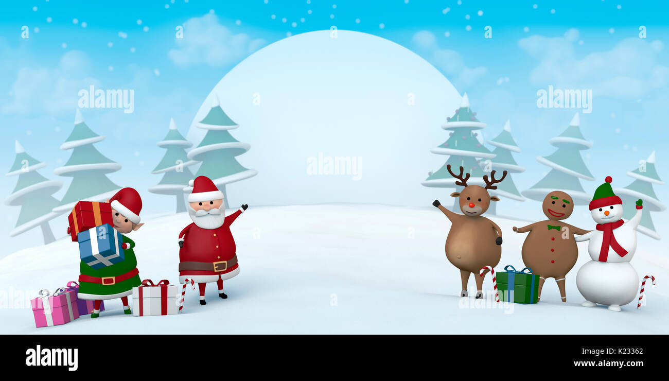 Santa Claus, a Christmas Elf, a reindeer, a snowman and Gingerbread Man pointing at a blank sign in a snowy winter landscape. Stock Photo