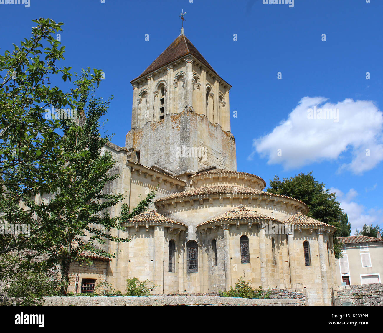 The beautiful 12th century church of St Hilaire in Melle, France. Saint-Hilaire Church is also a UNESCO World Heritage Site since 1998, and a stage of Stock Photo