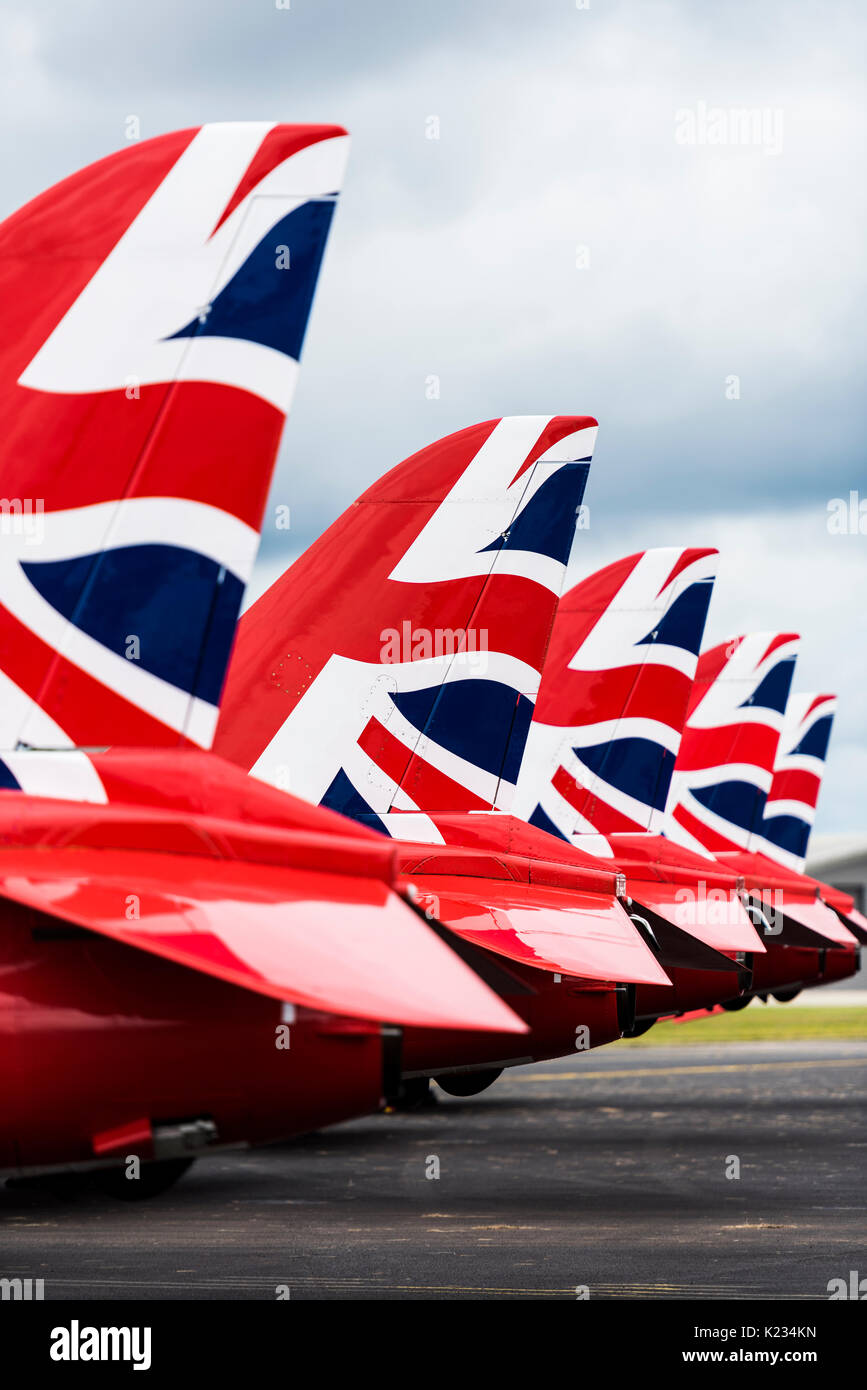 Tail wings of the Red Arrows sitting on the ground at the Farnborough Airshow. Stock Photo