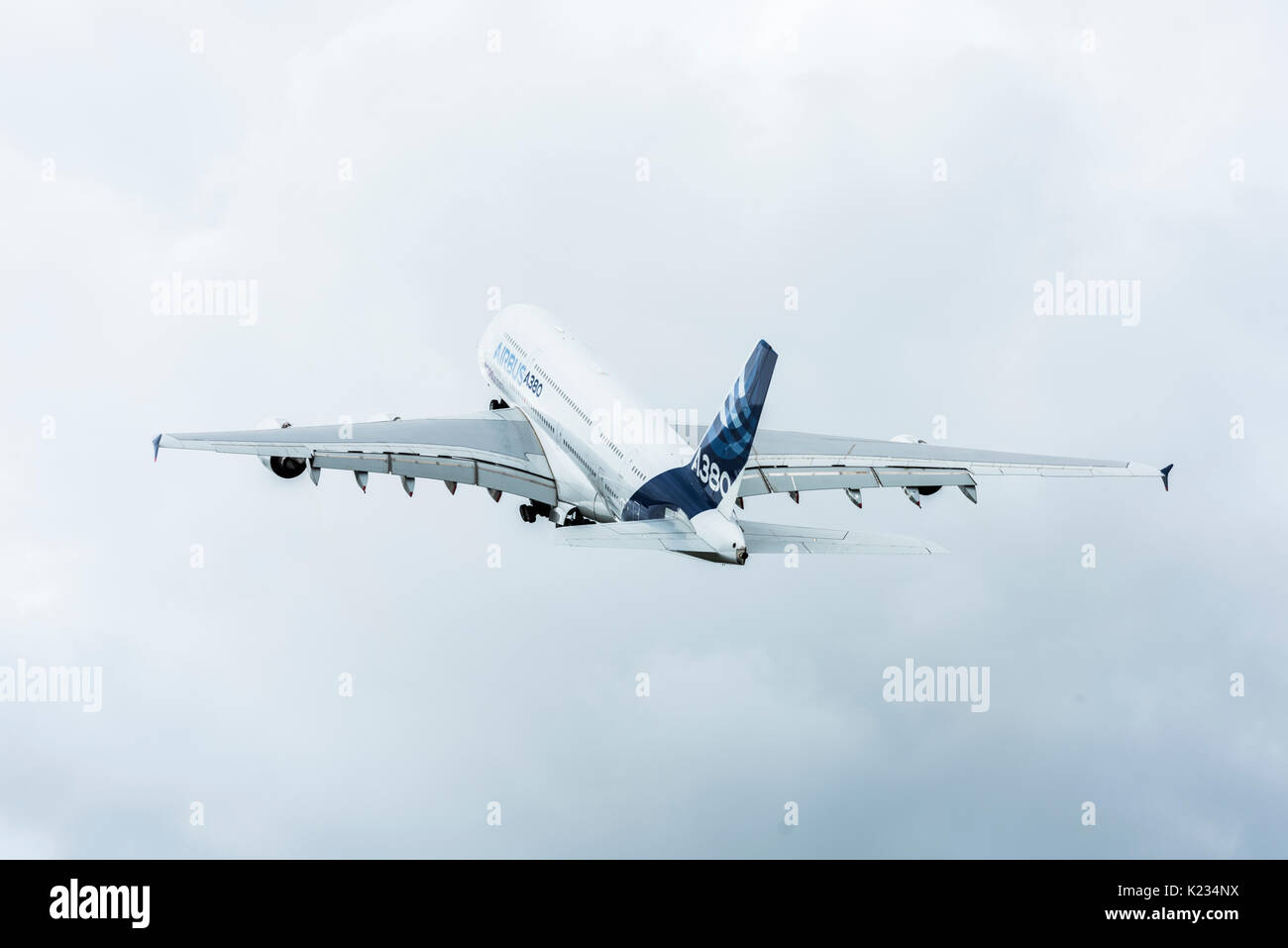 The Airbus A380, the worlds largest passenger airliner, during it’s flying display at the Farnborough International Air-Show. Stock Photo
