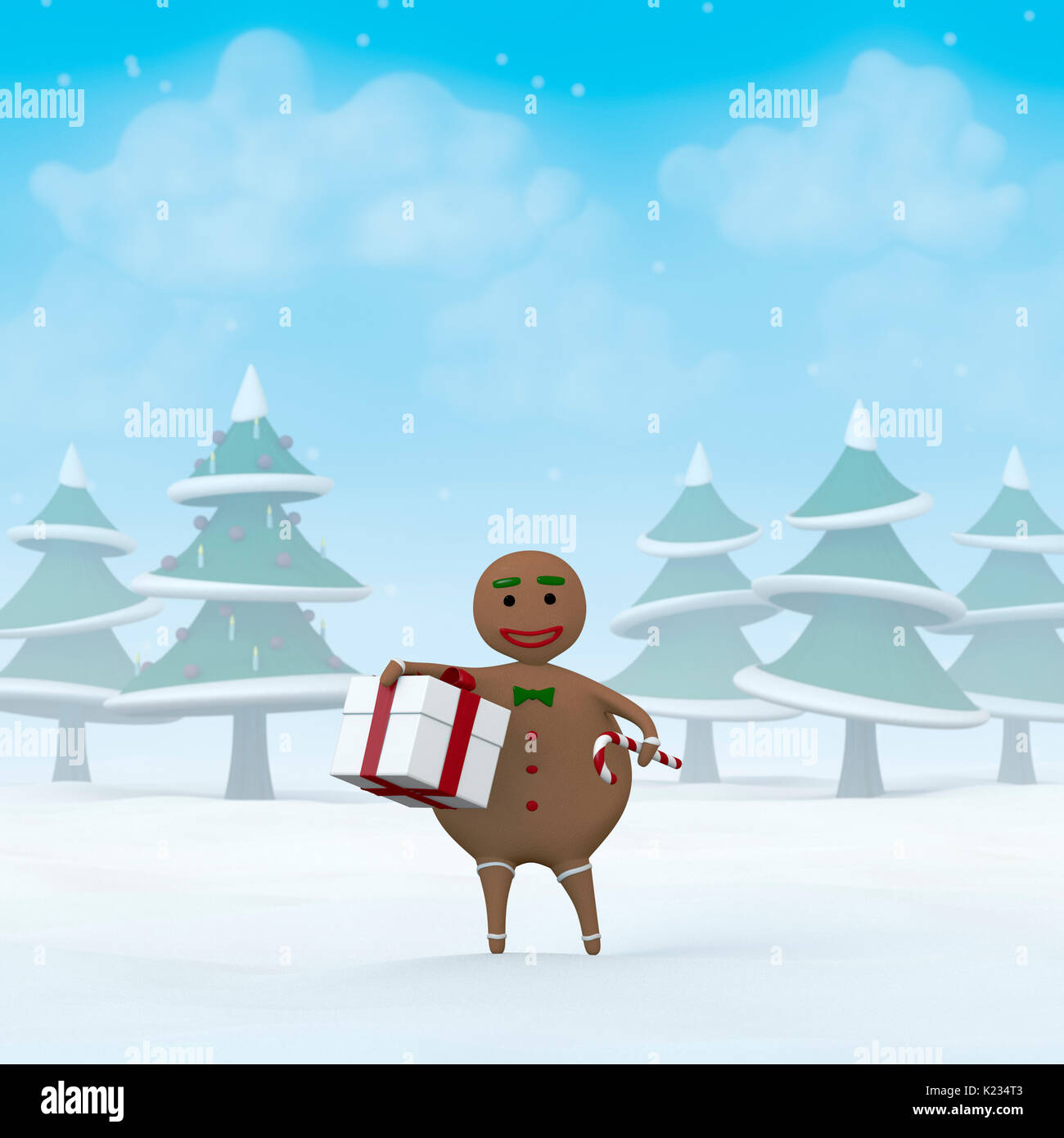 Gingerbread Man holding a Christmas Gift and a candy cane in a snowy winter landscape. Stock Photo