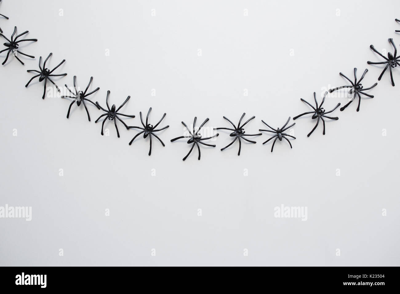 black toy spiders chain over white background Stock Photo