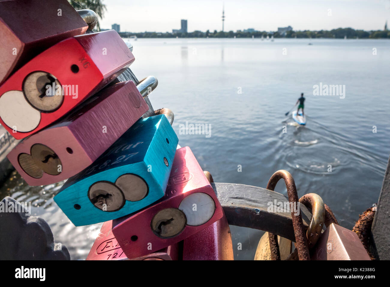 Lovers' locks on a bridge in Hamburg, Germany Stock Photo