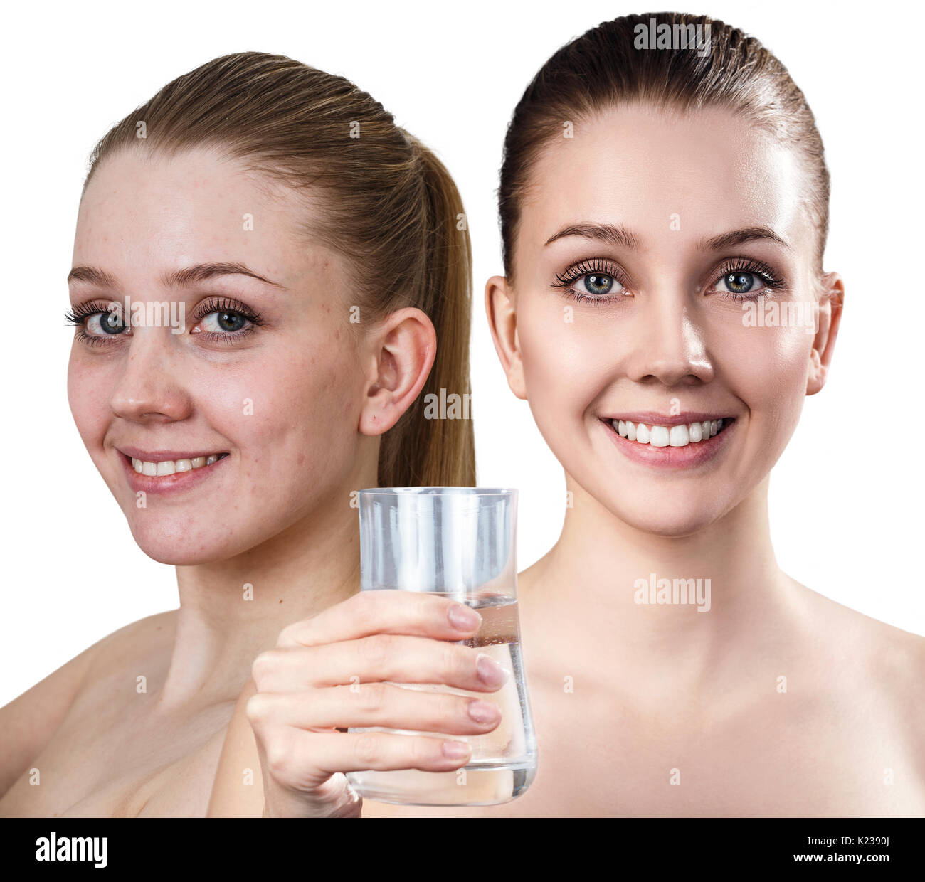 Young before and after cleansing by clear water. Stock Photo