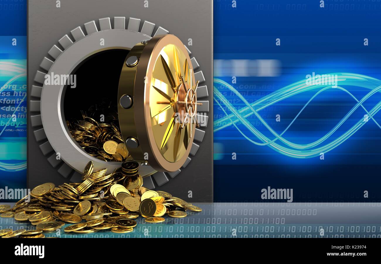 3d illustration of metal box with golden coins over digital waves ...