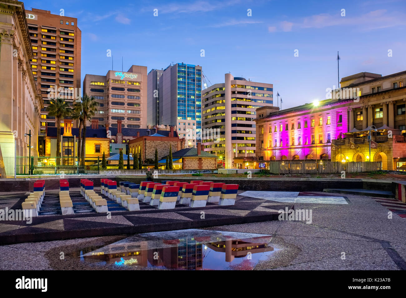 Adelaide, Australia - September 16, 2016: Adelaide Casino with office buildings on the background viewed through Festival Plaza at dusk Stock Photo